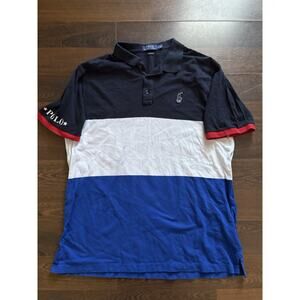 Rare 2018POLO RALPH LAUREN Men’s POLO SHIRT Cotton Navy White Blue Red TRIM Sz L